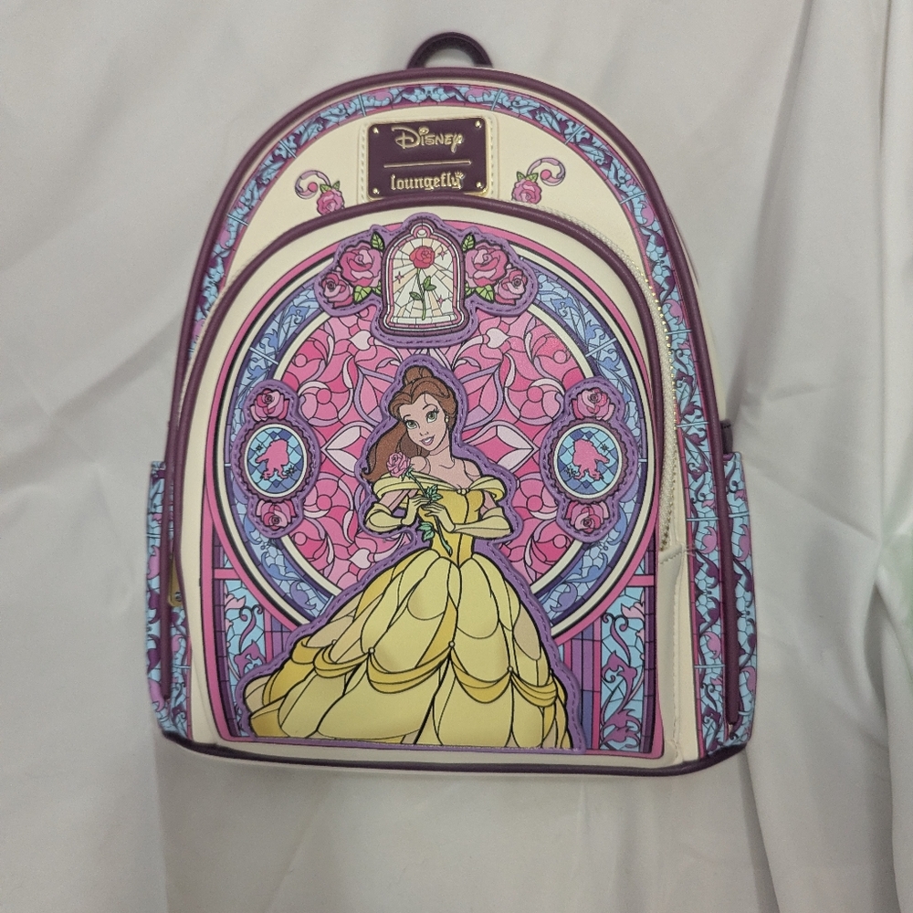 Disney Belle Loungefly Backpack with Stained Glass Background